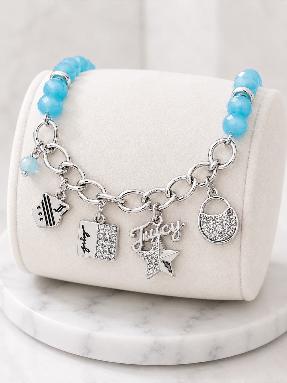Juicy Couture Aqua Crystal Beaded Charm Bracelet Silver Tone Y2K Glam NWT